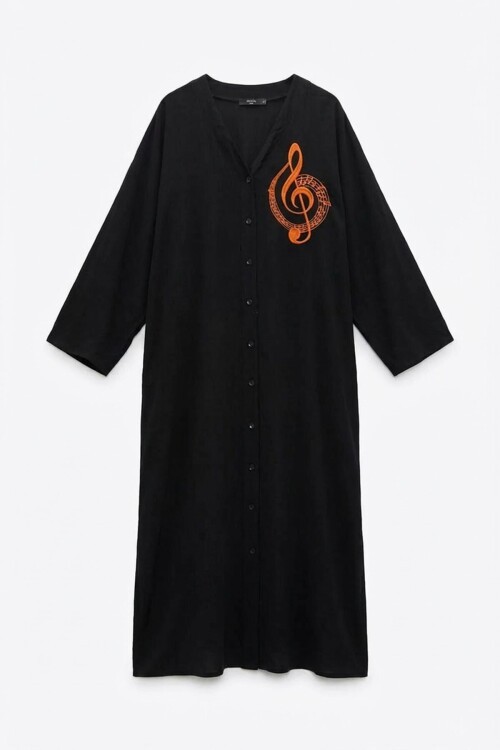 Siyah Nakış İşlemeli Maxi Boy Dokuma Viscon Elbise