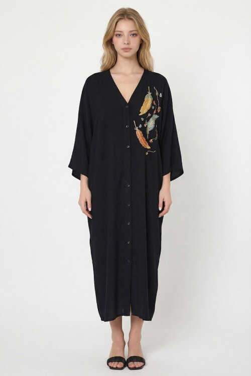 Siyah Nakış İşlemeli Maxi Boy Dokuma Viscon Elbise