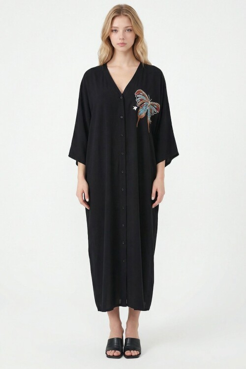 Siyah Nakış İşlemeli Maxi Boy Dokuma Viscon Elbise