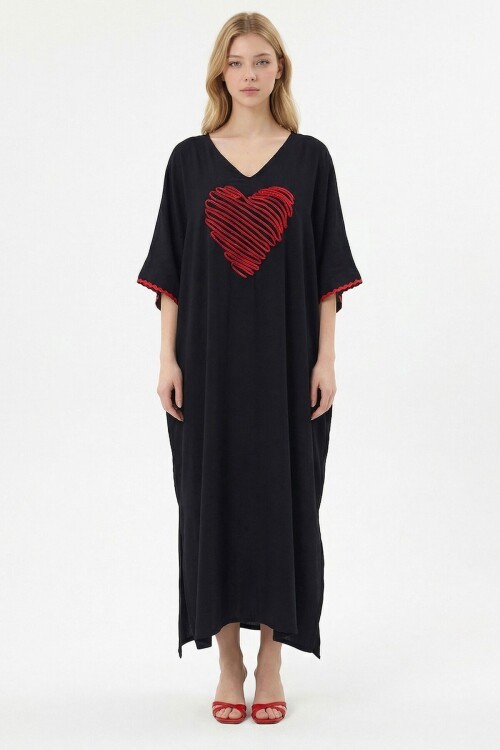 Siyah Nakış İşlemeli Maxi Boy Dokuma Viscon Elbise