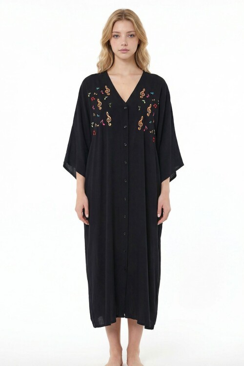 Siyah Nakış İşlemeli Maxi Boy Dokuma Viscon Elbise