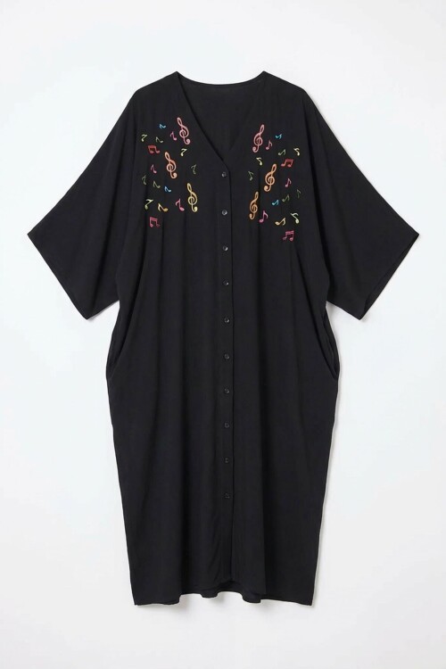 Siyah Nakış İşlemeli Maxi Boy Dokuma Viscon Elbise