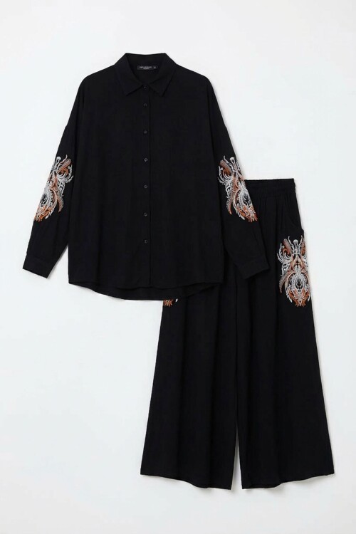 Siyah Nakış İşlemeli Gömlek Ve Pantolon Dokuma Alt Üst Takım