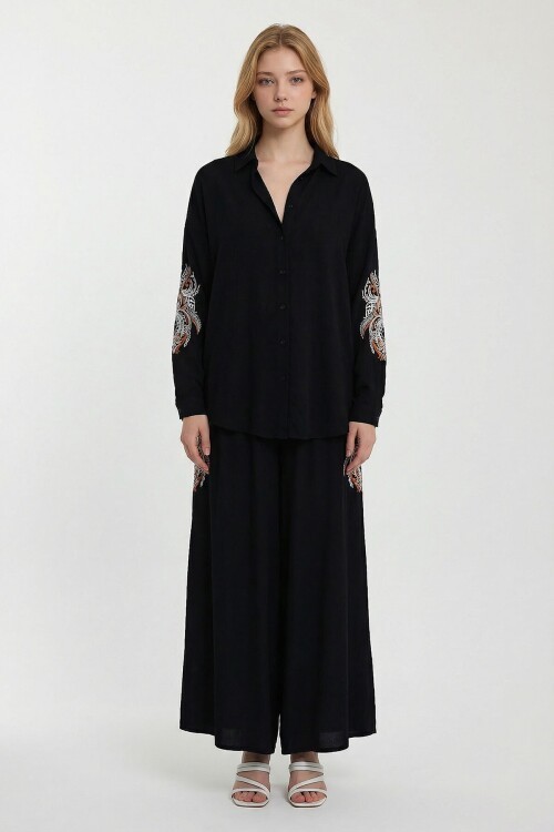 Siyah Nakış İşlemeli Gömlek Ve Pantolon Dokuma Alt Üst Takım