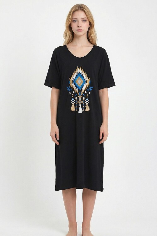 Siyah Nakış İşlemeli Örme Viscon Elbise