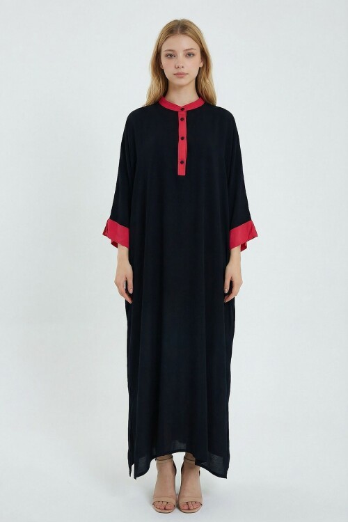 Siyah Renk Bloklu Uzun Boy Salaş Dokuma Elbise