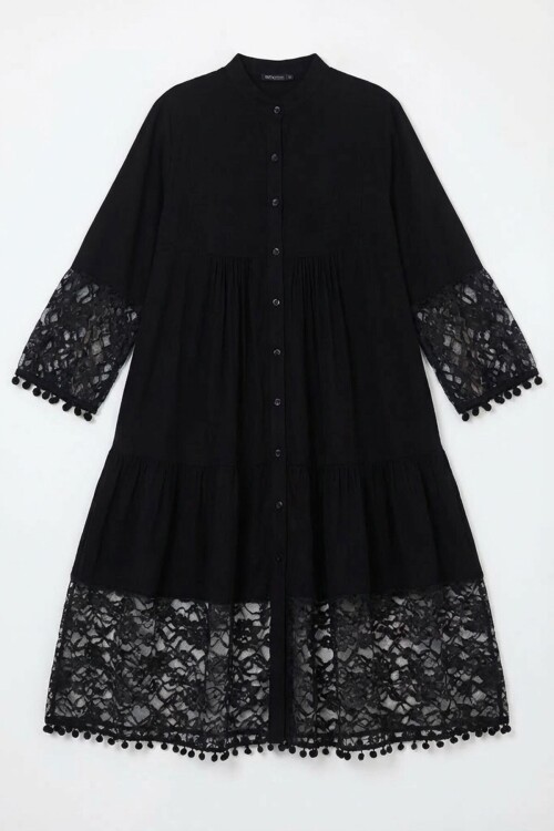 Siyah Tül Detaylı Uzun Boy Dokuma Viscon Elbise