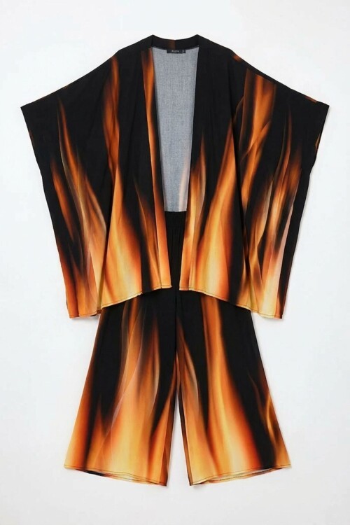 Turuncu Degrade Desenli Pantolon Ve Kimono Dokuma Alt Üst Takım