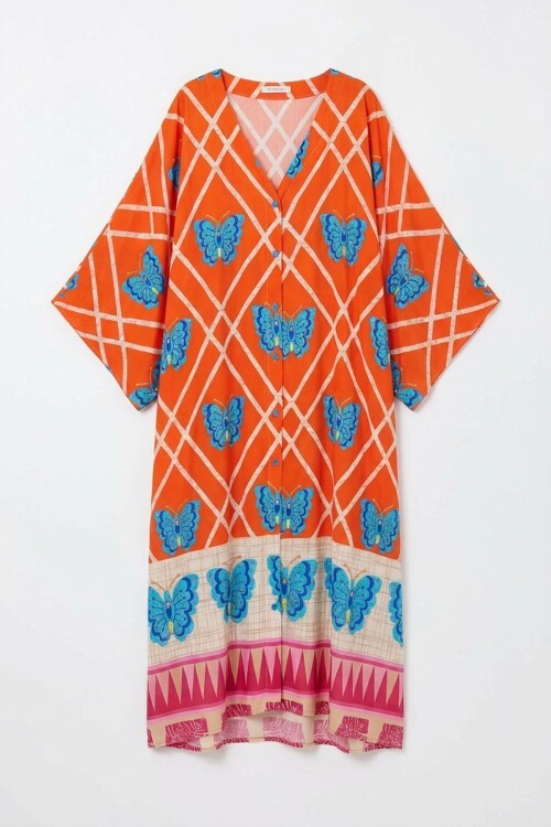 Turuncu V Yaka Çiçek Desenli Uzun Boy Dokuma Gömlek Elbise