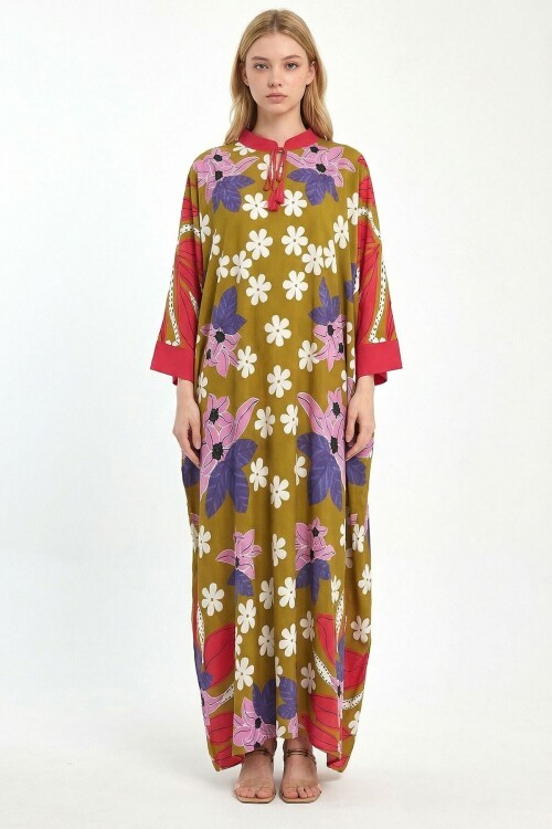 Yağ Yeşili Baskılı Maxi Boy Dokuma Viscon Elbise