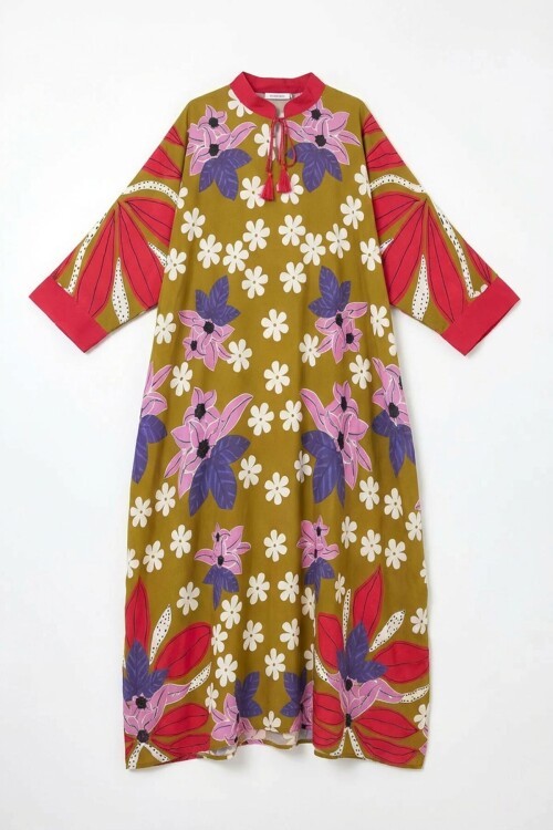 Yağ Yeşili Baskılı Maxi Boy Dokuma Viscon Elbise