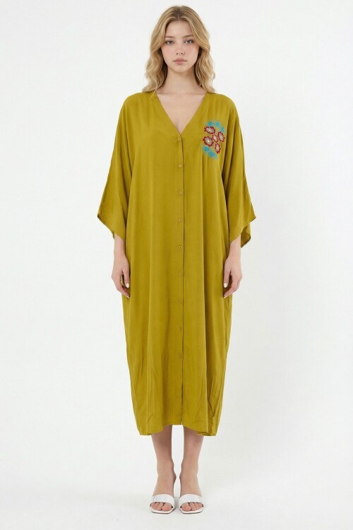 Yağ Yeşili Nakış İşlemeli Maxi Boy Dokuma Viscon Elbise