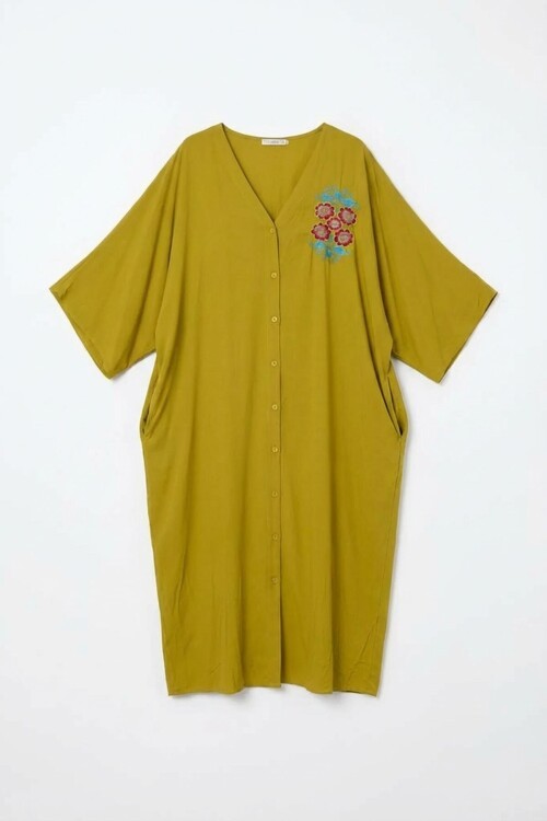 Yağ Yeşili Nakış İşlemeli Maxi Boy Dokuma Viscon Elbise