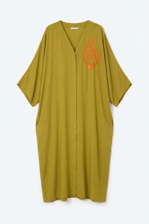 Yağ Yeşili Nakış İşlemeli Maxi Boy Dokuma Viscon Elbise