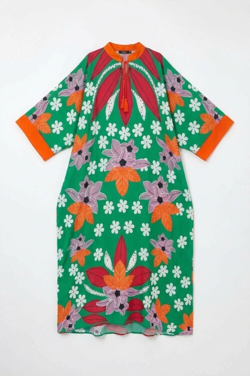 Yeşil Baskılı Maxi Boy Dokuma Viscon Elbise