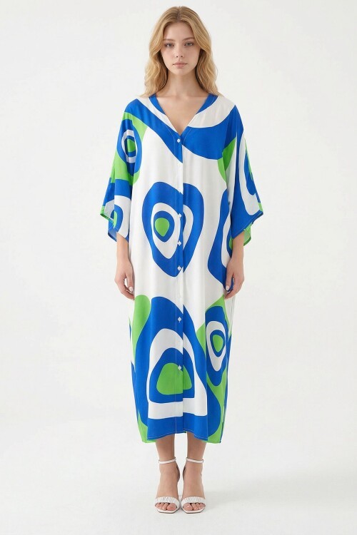 Yeşil Baskılı Maxi Boy Dokuma Viscon Elbise