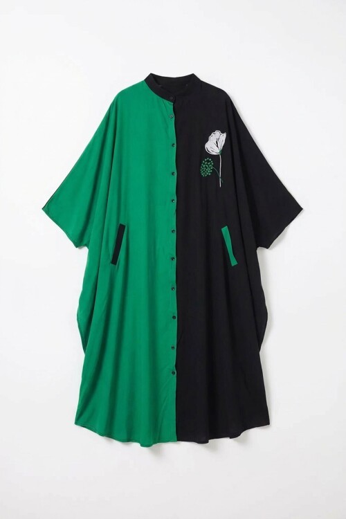 Yeşil Nakış İşlemeli Maxi Boy Dokuma Viscon Elbise