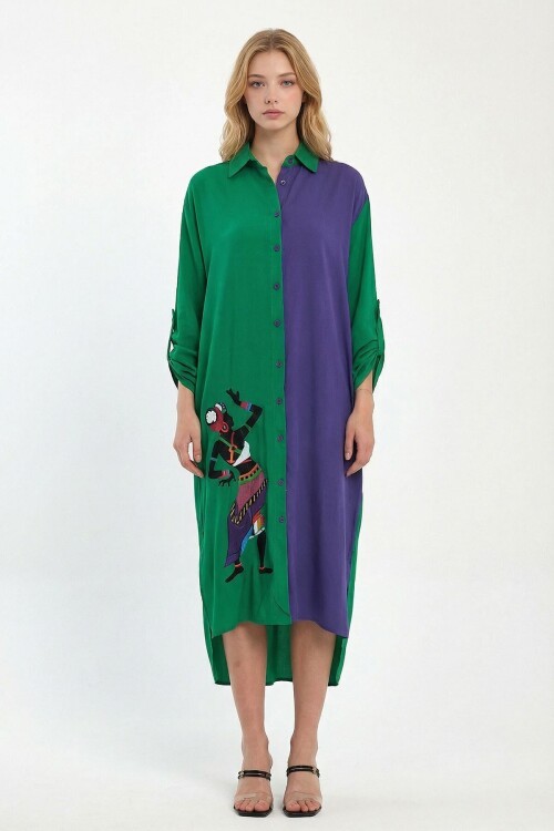 Yeşil Nakış İşlemeli Maxi Boy Dokuma Viscon Elbise