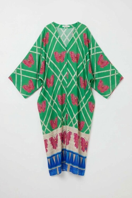 Yeşil V Yaka Çiçek Desenli Uzun Boy Dokuma Gömlek Elbise