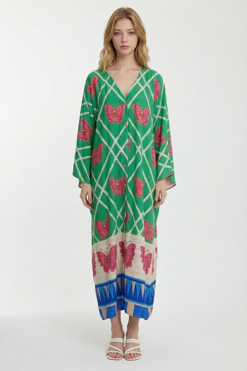 Yeşil V Yaka Çiçek Desenli Uzun Boy Dokuma Gömlek Elbise