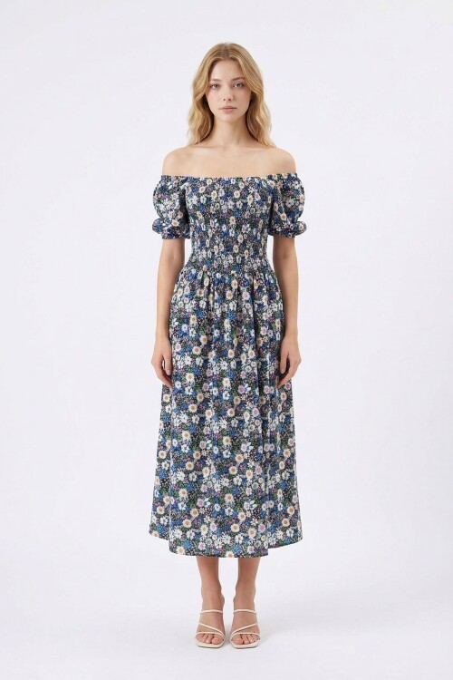 Mix Kare Yaka Beli Gipeli Çiçek Desenli Dokuma Yazlık Elbise