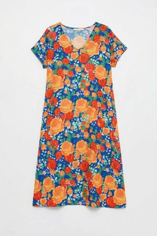 Mix V Yaka Kısa Kollu Midi Boy Desenli Elbise