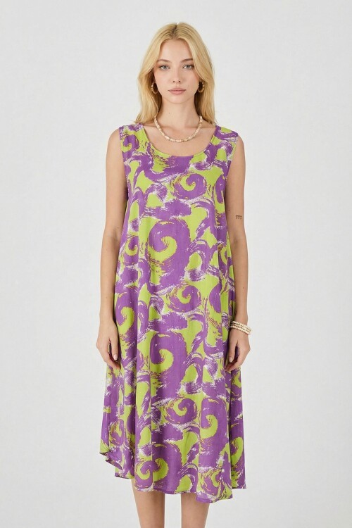 Mor U Yaka Kolsuz Asimetrik Kesim Midi Boy Elbise