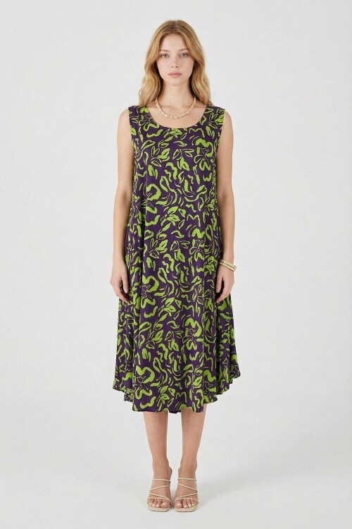 Mor U Yaka Kolsuz Eteği Asimetrik Kesim Desenli Midi Boy Elbise