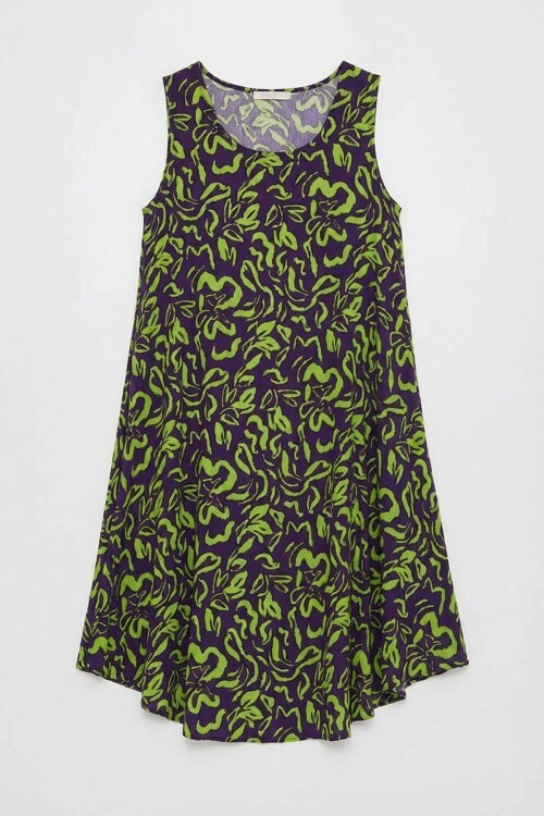 Mor U Yaka Kolsuz Eteği Asimetrik Kesim Desenli Midi Boy Elbise