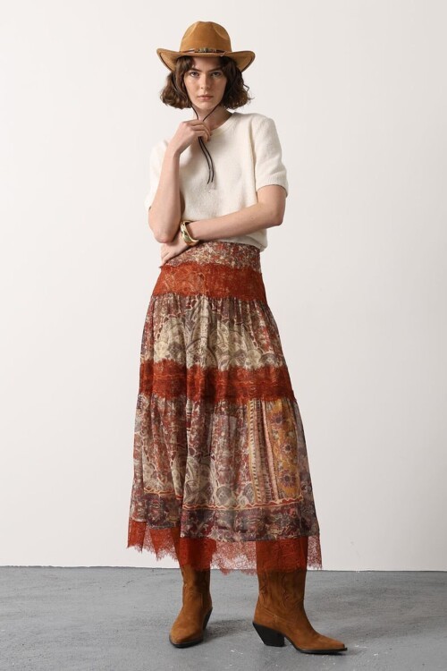 Multi Dantel Detaylı Desenli Maxi Etek BCRY-261273