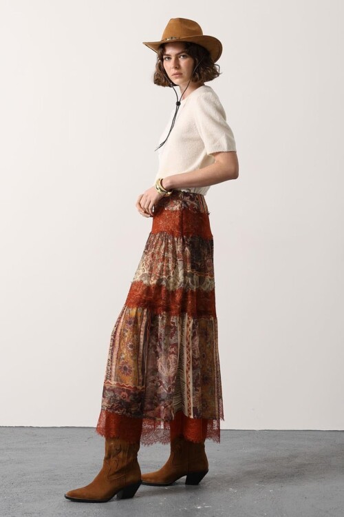 Multi Dantel Detaylı Desenli Maxi Etek BCRY-261273