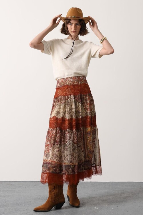 Multi Dantel Detaylı Desenli Maxi Etek BCRY-261273