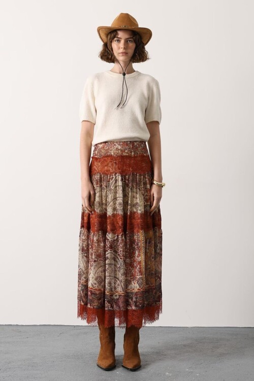 Multi Dantel Detaylı Desenli Maxi Etek BCRY-261273