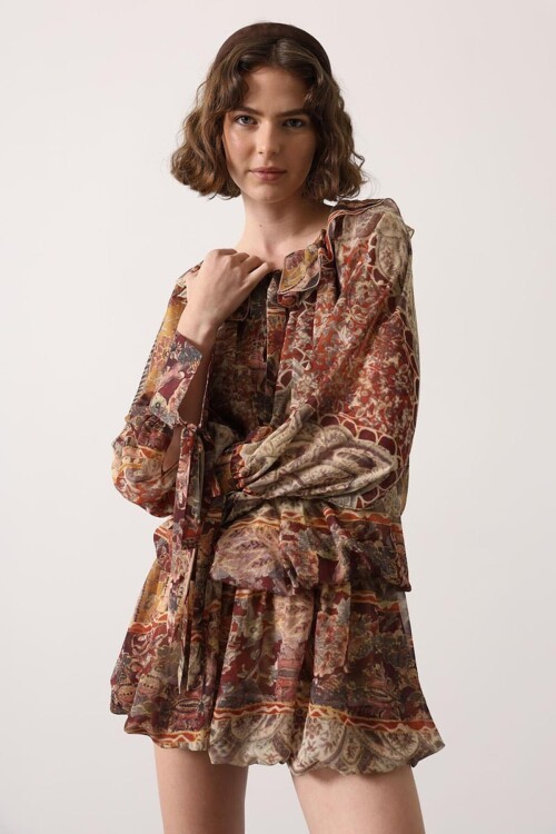 Multi Desenli Kat Kat Mini Elbise BCRY-261274