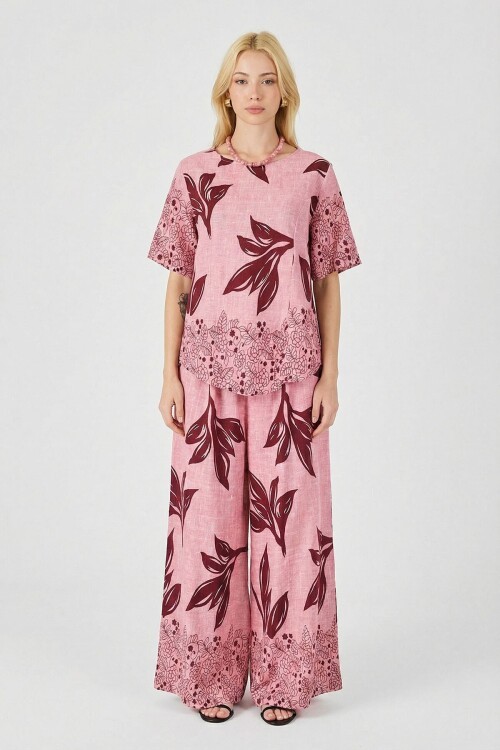 Mürdüm-Çiçek Yaprak Desenli Oversize Bluz Ve Bol Paça Pantolon Takım
