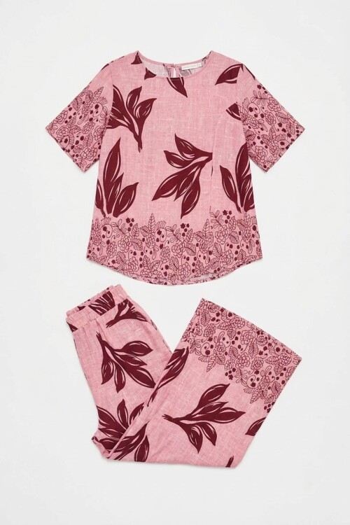 Mürdüm-Çiçek Yaprak Desenli Oversize Bluz Ve Bol Paça Pantolon Takım