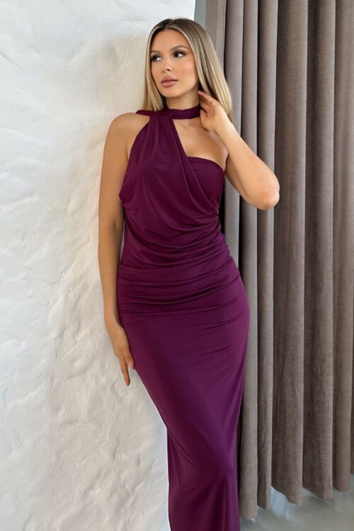 Mürdüm Drapeli Out Cut Kesim Bağlamalı Uzun Elbise BCMM-261312