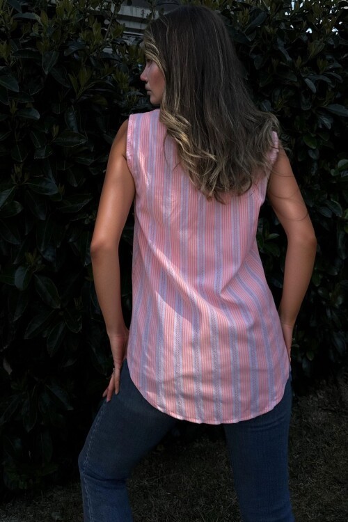 Oranj Kendinden Dokulu Yarım Patlı Kolsuz Bluz