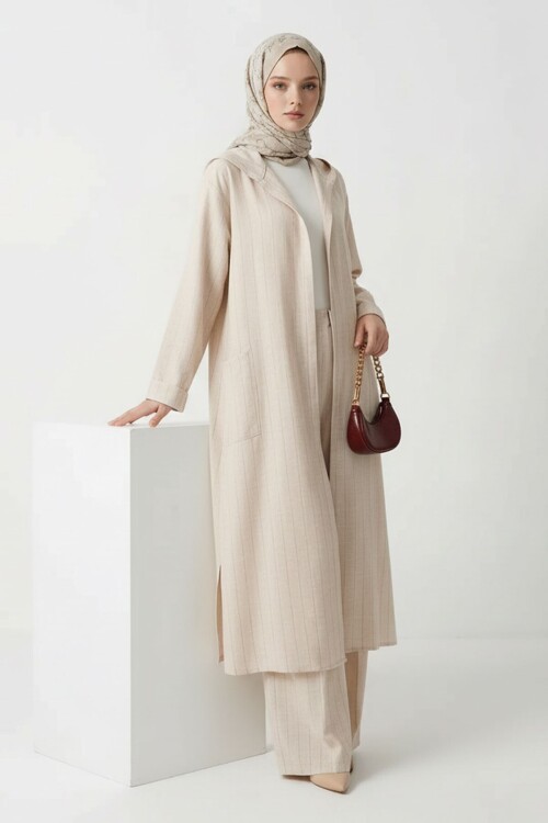 Pembe Alaçatı Keten Kapüşonlu Çizgili Tesettür Alt Üst Takım