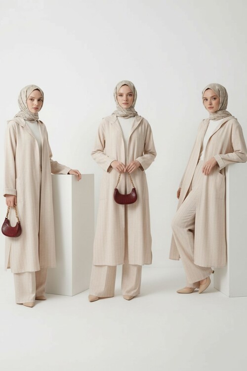 Pembe Alaçatı Keten Kapüşonlu Çizgili Tesettür Alt Üst Takım