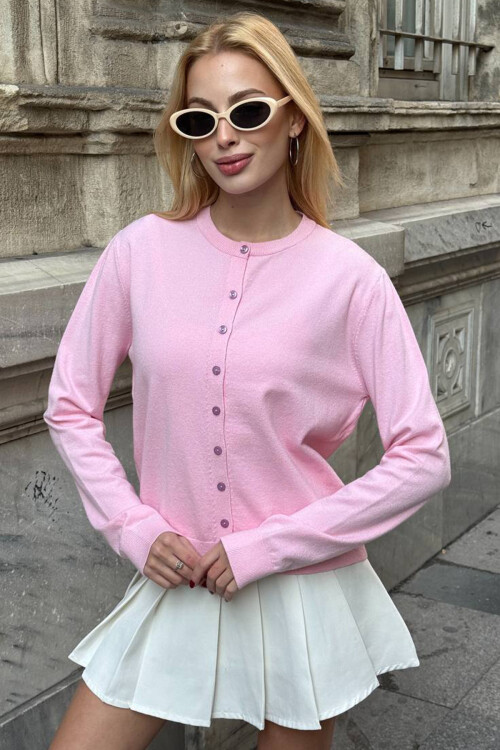 Pembe Bisiklet Yaka Düğmeli Triko Hırka BCHZCK-251267