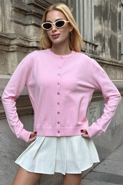 Pembe Bisiklet Yaka Düğmeli Triko Hırka BCHZCK-251267