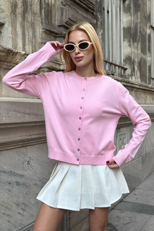 Pembe Bisiklet Yaka Düğmeli Triko Hırka BCHZCK-251267