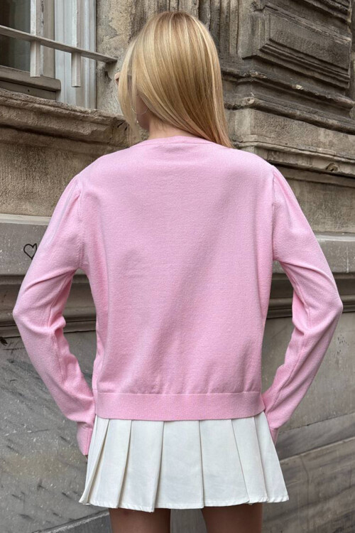 Pembe Bisiklet Yaka Düğmeli Triko Hırka BCHZCK-251267