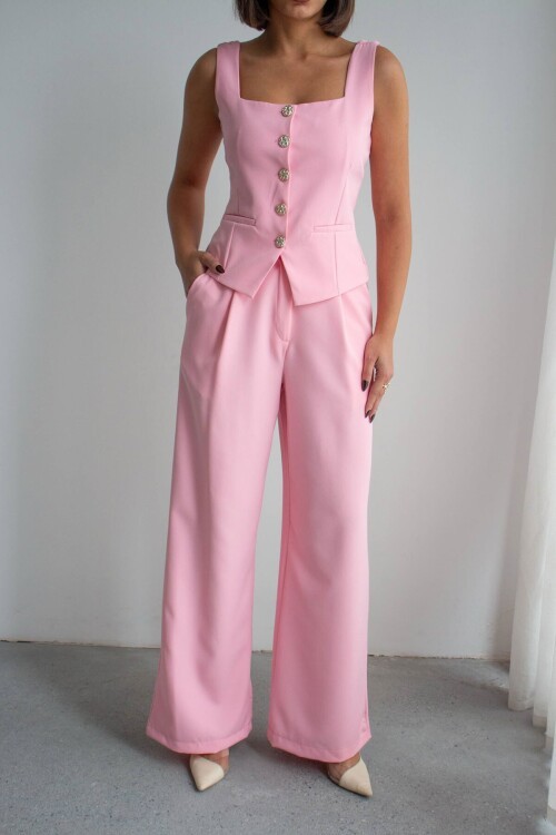 Pembe Brit Detaylı Kare Yaka Crep Bluz Ve Pantolon Alt Üst Takım BCHN-2626844