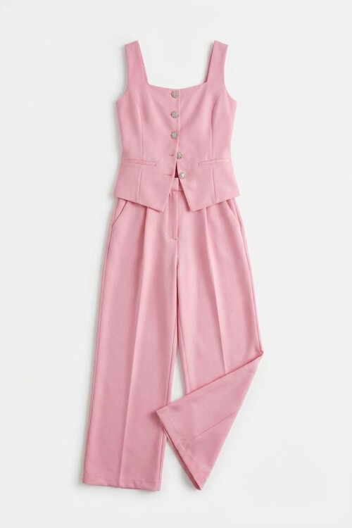 Pembe Brit Detaylı Kare Yaka Crep Bluz Ve Pantolon Alt Üst Takım BCHN-2626844