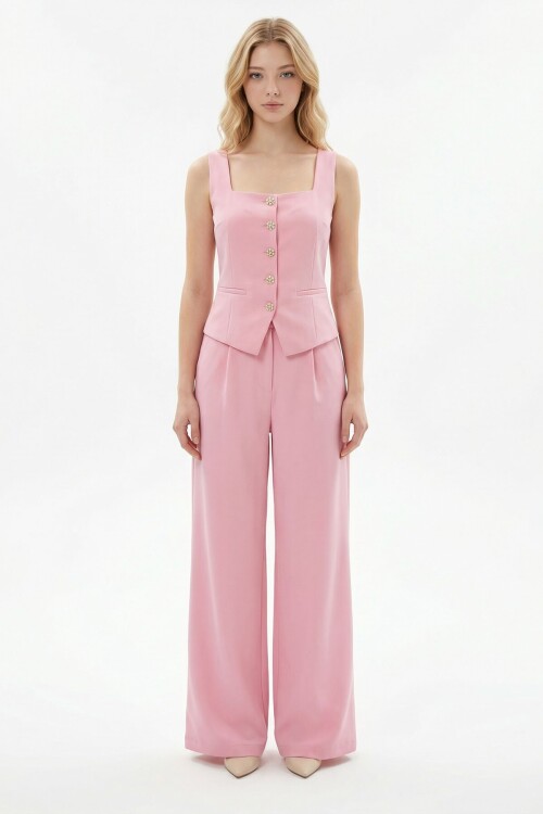 Pembe Brit Detaylı Kare Yaka Crep Bluz Ve Pantolon Alt Üst Takım BCHN-2626844