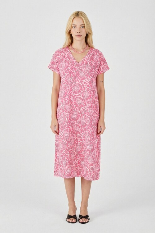 Pembe Derin V Yaka Kısa Kollu Çizgi Desenli Midi Boy Elbise