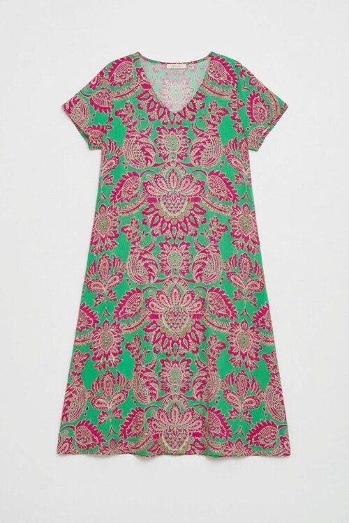 Pembe Desenli V Yaka Kısa Kollu Midi Boy Elbise