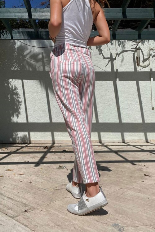 Pembe Keten Cepli Düğmeli Boru Paça Havuç Pantolon